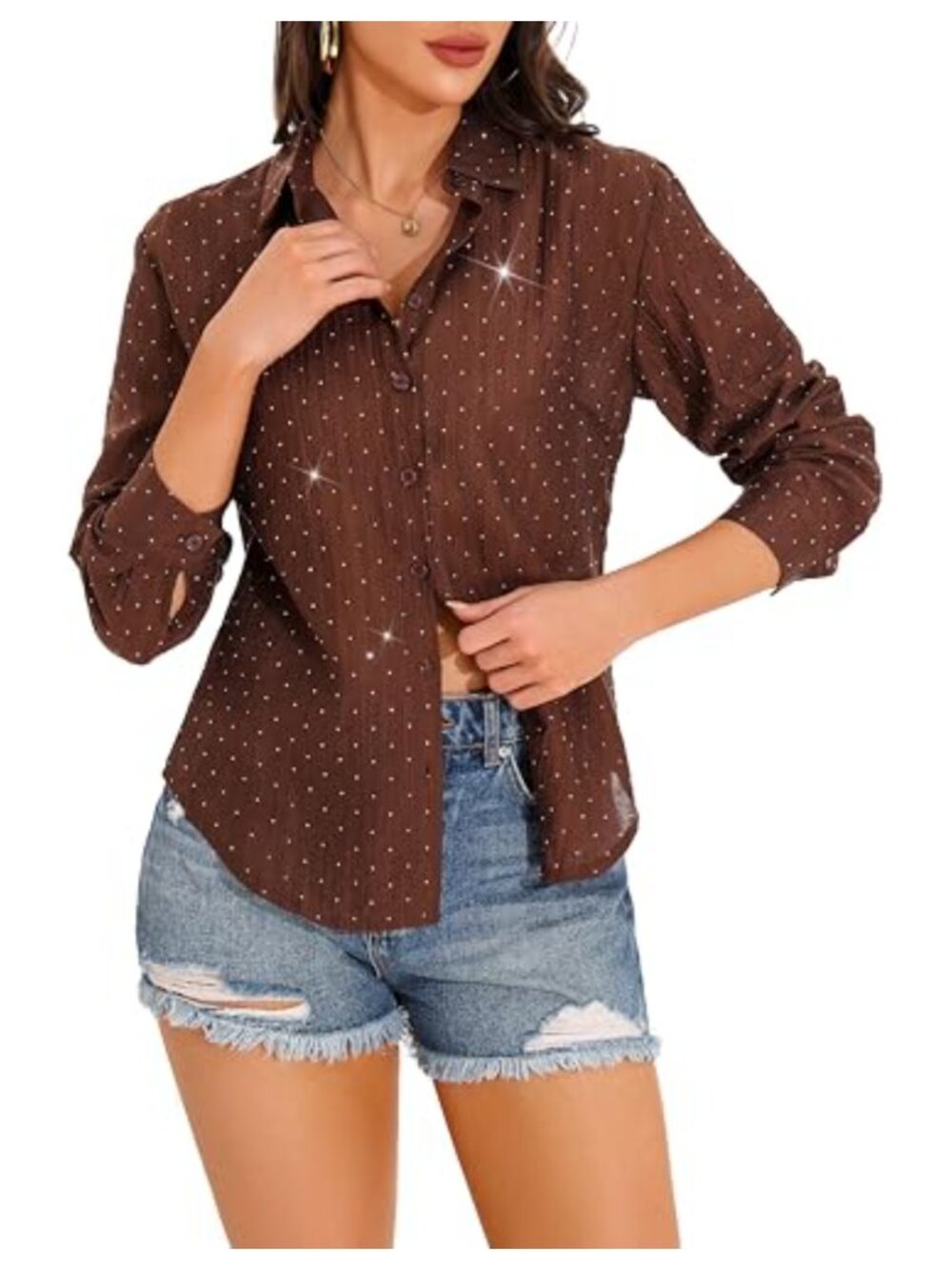 Women's Sparkly Rhinestone Sheer Button Down Blouse V-Neck Long Sleeve Dressy